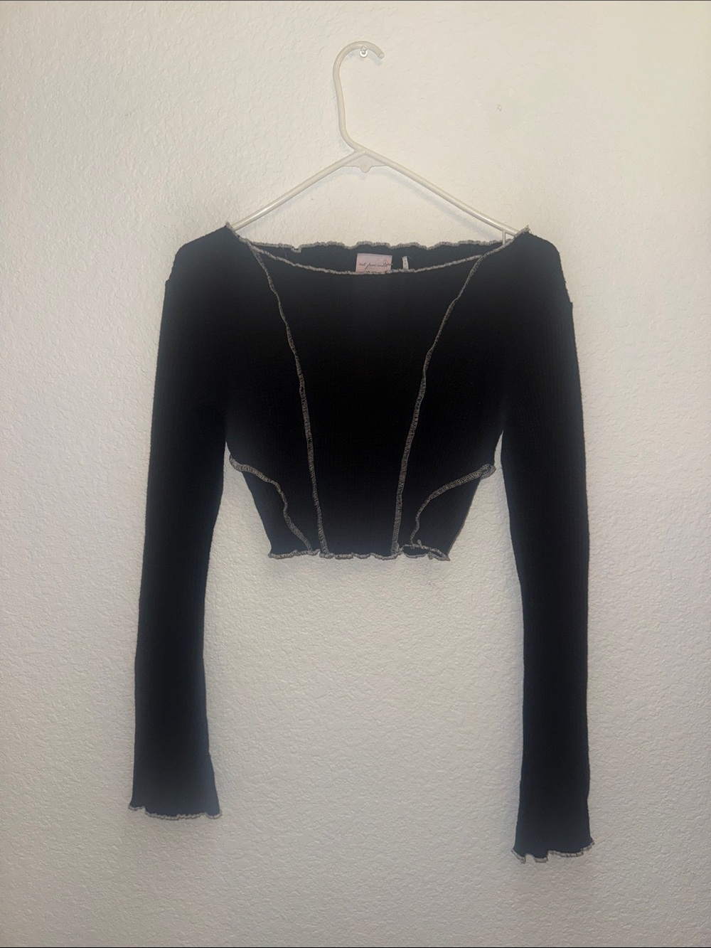 Urban Outfitters Black Ribbed Cropped Long Sleeve Top with Contrast Seams